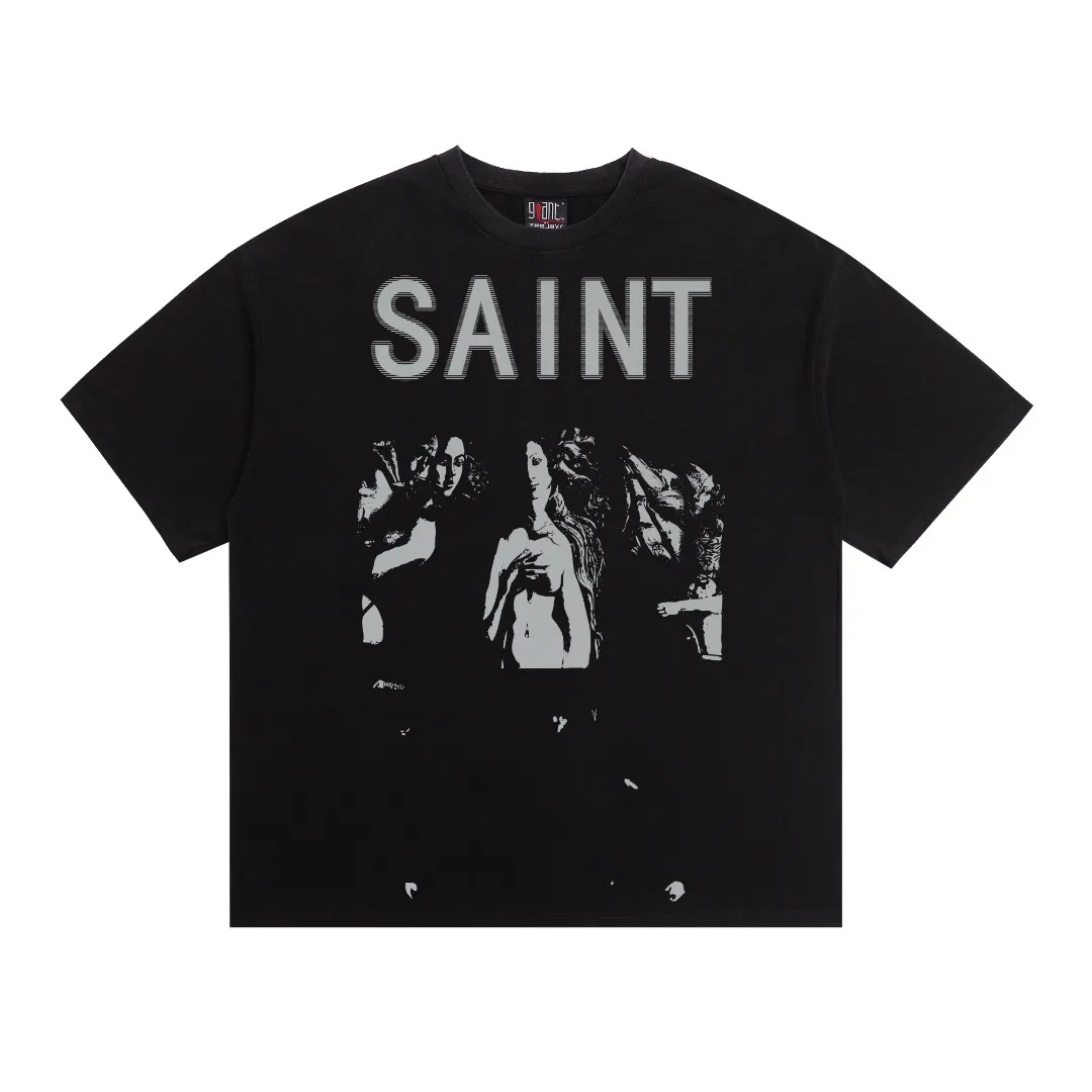 American Saint michael unrestrained Maria print washed and distressed retro Vintage loose short-sleeved T-shirt with digital white ink direct printing, the fabric is breathable and the pattern is three-dimensional and clear. Fabric: Double yarn 240g Style number: S929 Size: S-M-L-XL Color: Black Price: P118